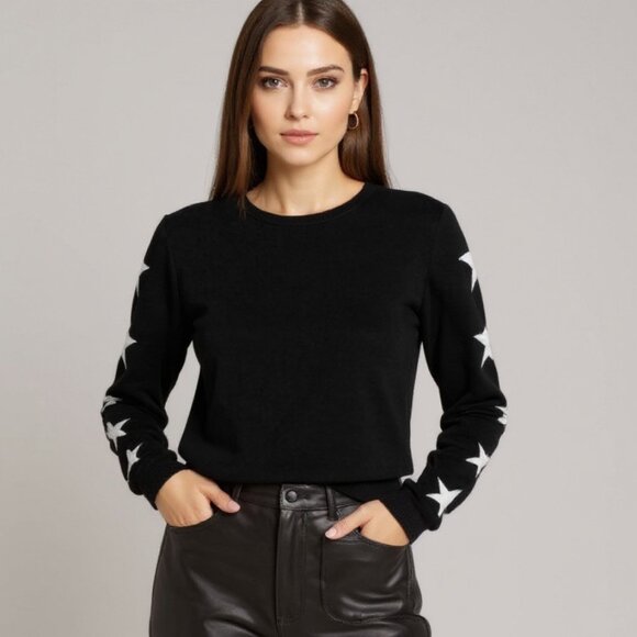 Aqua Cashmere Black & White Star Sleeve 100% Cashmere Sweater Size Medium - Picture 1 of 13